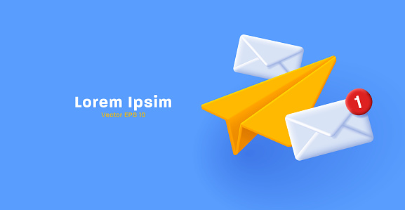 3d illustration of yellow paper plane with white mail envelopes on blue backdrop