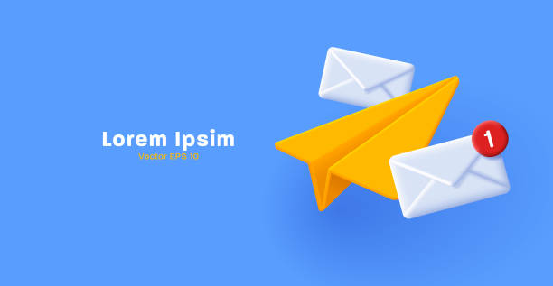 3d illustration of yellow paper plane with white mail envelopes 3d illustration of yellow paper plane with white mail envelopes on blue backdrop unread messages illustrations stock illustrations