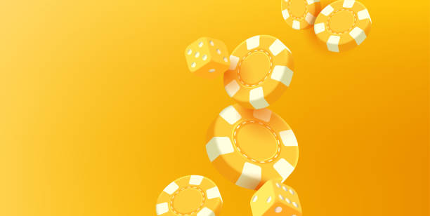 современный монохромный желтый фон рендеринга с фишками flyinf и кубиками - three dimensional yellow three dimensional shape luck stock illustrations