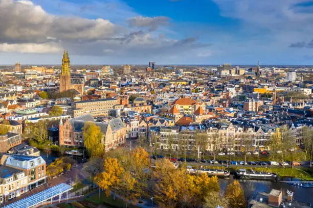 Aerial view of Groningen city centre seen from the south with blue loudy sky