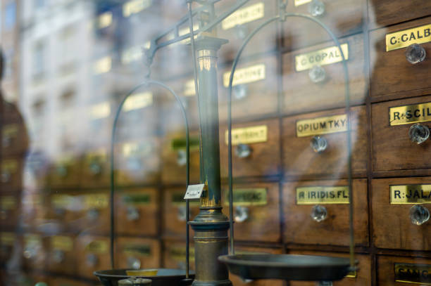 Apothecary scales on the background of an old medicine cabinet. Chemistry and pharmacy history panoramic concept background. Retro style.