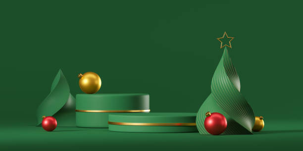 istock Cylinder pedestal and abstract christmas trees with decoration 1452466143
