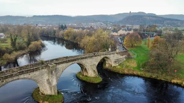 An aerial view of the Stirling Old Bridge over the River Forth, Scotland, UK