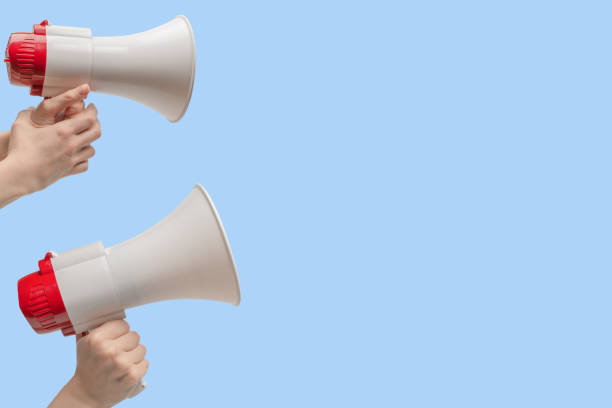 istock Megaphone in woman hands on a blue background. 1452466755