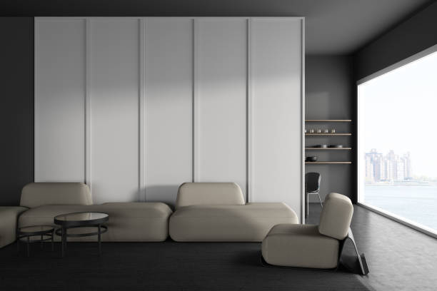 istock Grey living room interior with relaxing and dining area, window. Empty wall 1452466758
