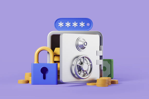 istock Safe box and padlock with gold bars and coins, security 1452466925