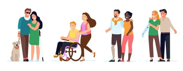 Vector illustration of Couples with disabilities. Handicapped men and women walking together. Injured and blind people. Boyfriend and girlfriend dating. Happy handicap family. Vector disabled persons set
