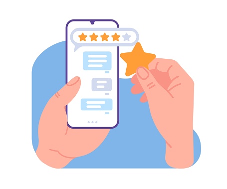 Leaves five star feedback. Customer phone service evaluation. Smartphone in hands. Positive users experience. Mobile application rating. Quality survey. Clients support. Rank choice. Vector concept