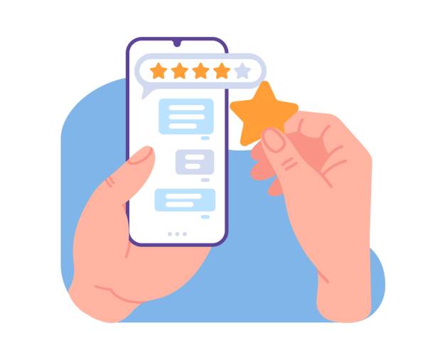 Leaves five star feedback. Customer phone service evaluation. Smartphone in hands. Positive users experience. Mobile application rating. Quality survey. Clients support. Vector concept vector art illustration