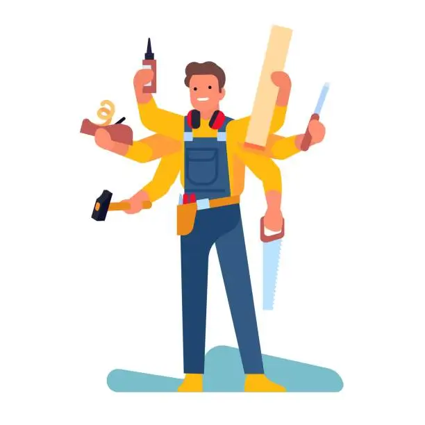 Vector illustration of Man in uniform with carpentry tools. Multitasking worker. Carpenter holding saw and hammer. Professional workman in overalls. Repairman fixing maintenance. Repair equipment. Vector concept