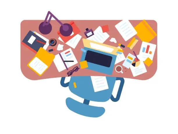 Vector illustration of Messy workplace top view. Office table with laptop or notepads. Chaotic pages on desktop. Lamp and coffee cup. Disorganized documents. Students or business workers desk. Vector concept