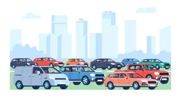 Vector illustration of Traffic jam. Automobiles congestion. City transportation. Downtown skyscrapers. Urban landscape with vehicles and buildings. Cars on highway. Town road. Minivans and sedans. Vector concept