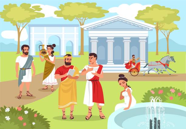 antikes römisches volk. friedliche lebensszene. mann in togas fährt wagen. antike zivilisation. wandelnde frau in tunika. schöner garten. historische personen. großartiges vektorkonzept - ancient rome illustrations stock-grafiken, -clipart, -cartoons und -symbole