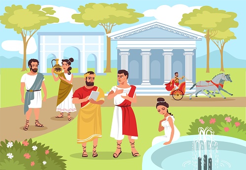 Ancient Roman people. Peaceful life scene. Man in togas driving chariot. Antique civilization. Walking woman in tunic. Beautiful garden. Historical persons. Empire citizens. Splendid vector concept