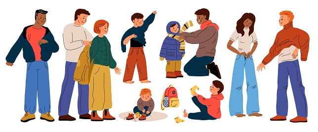 Kids putting clothes. Cute people dressing. Woman fitting jeans. Men wear warm sweater and jacket. Baby trying on socks and boots. Parents help children get dressed. Casual clothing. Garish vector set