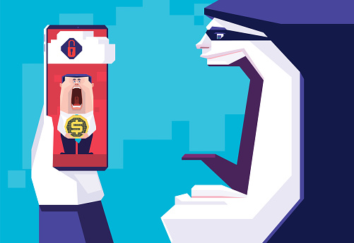 vector illustration of screaming hacker finding businessman holding electronic coin on smartphone