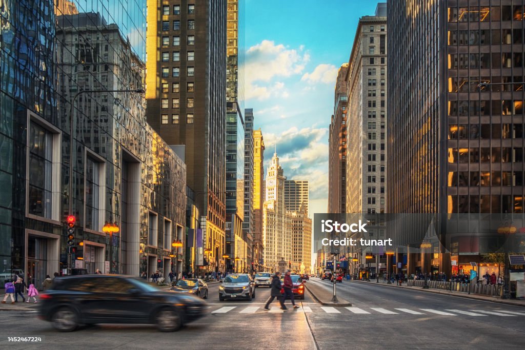 Street in Financial District of Chicago Michigan Avenue, Chicago, Illinois, USA City Stock Photo