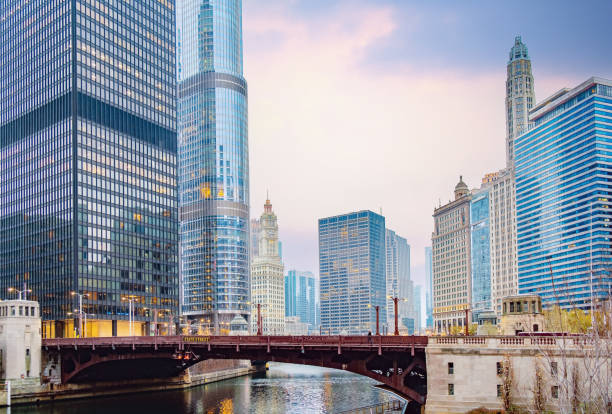 chicago cityscape - chicago illinois stok fotoğraflar ve resimler