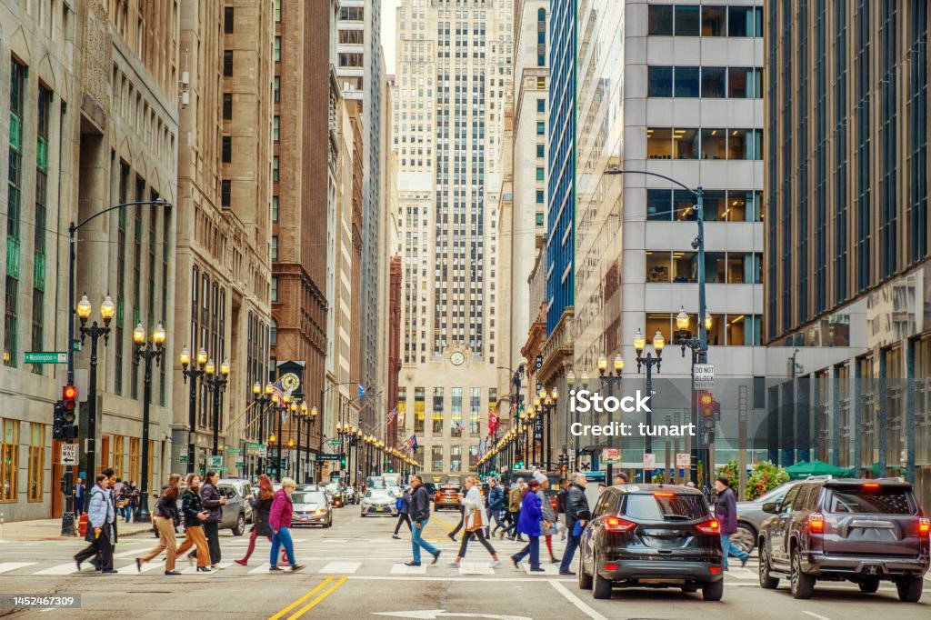 Street in Financial District of Chicago Chicago, Illinois, USA Chicago - Illinois Stock Photo