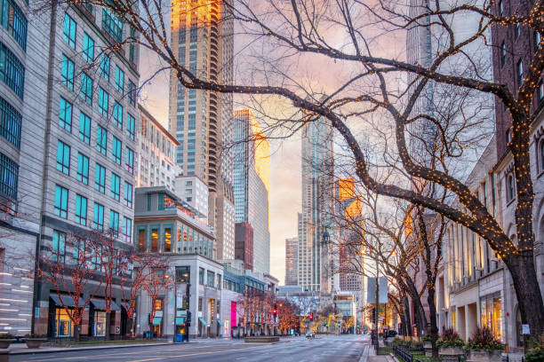 Michigan Avenue in Early Morning Light Chicago, Illinois, USA water tower chicago landmark stock pictures, royalty-free photos & images