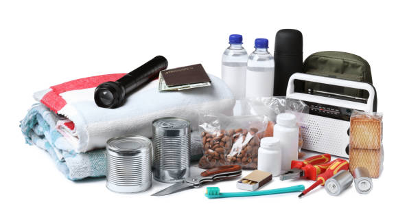 istock Disaster supply kit for earthquake on white background 1452468807