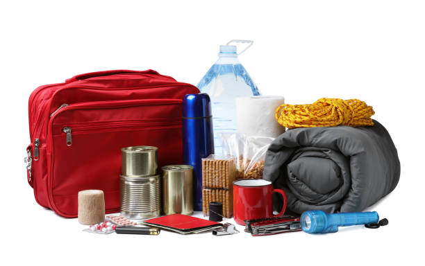 istock Disaster supply kit for earthquake on white background 1452468827