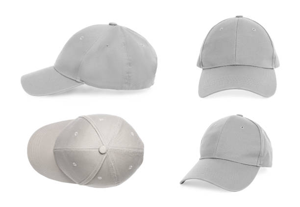 istock Set with stylish light grey baseball caps on white background 1452470289