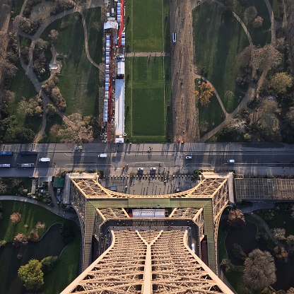 Looking down from the observation deck at the top of the Eiffel Tower in Paris.