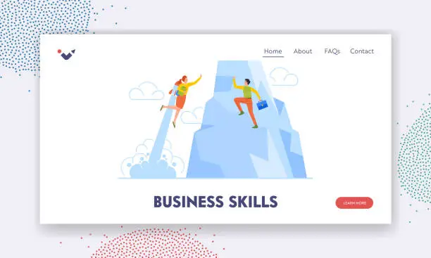 Vector illustration of Business Skills Landing Page Template. Motivation, Agility Or Innovation Concept with Character Flying on Jet Pack