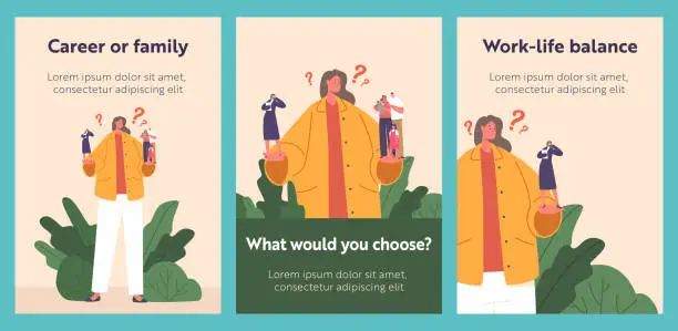 Vector illustration of Cartoon Banners with Female Character Making Choice Between Family and Career. Confused Woman, Vector Posters