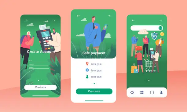 Vector illustration of Safe Payment Mobile App Page Onboard Screen Template. Customer Characters Hold Digital Gadgets And Use Pos Terminal