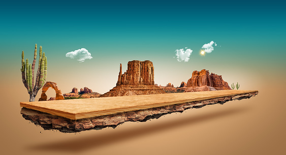 3d illustration of  desert road. desert at sunrise, tropical land off-road isolated. monument valley road isolated. abstract off-road ads design with cactus trees.