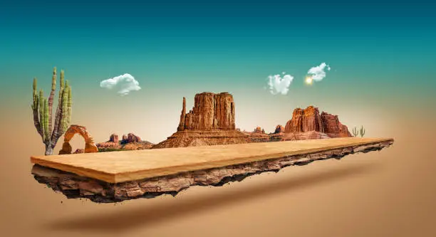 Photo of 3d illustration of  desert road. desert at sunrise, tropical land off-road isolated. monument valley road isolated. abstract off-road ads design with cactus trees.