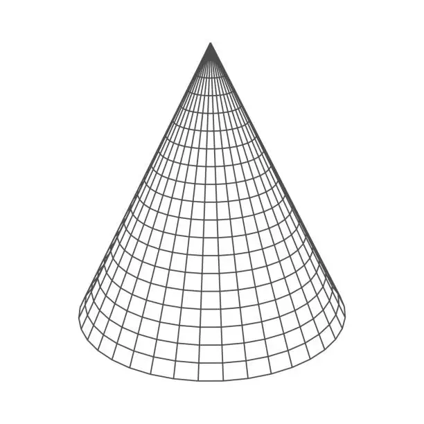 Vector illustration of Cone low poly geometric shape of wireframe grid. Conical geometry figure hologram. Vector isolated polygonal mathematics cone visual perspective