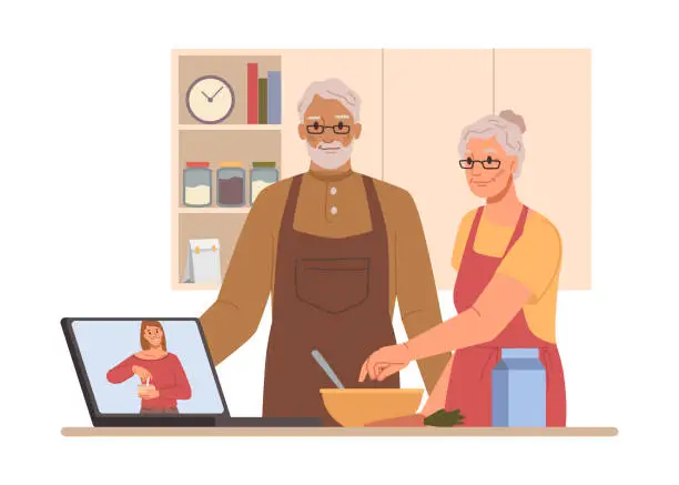 Vector illustration of Senior people using modern technologies, grandmother and grandfather watching recipes on cooking channel on laptop and making food. Flat cartoon character vector