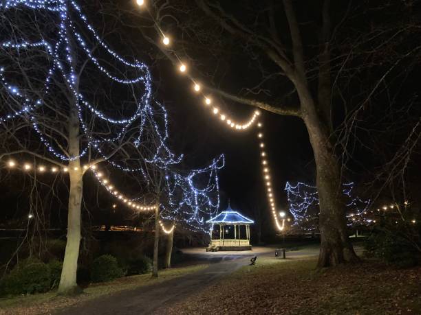 istock Park bandstand and trees illuminated by winter lights 1452473780