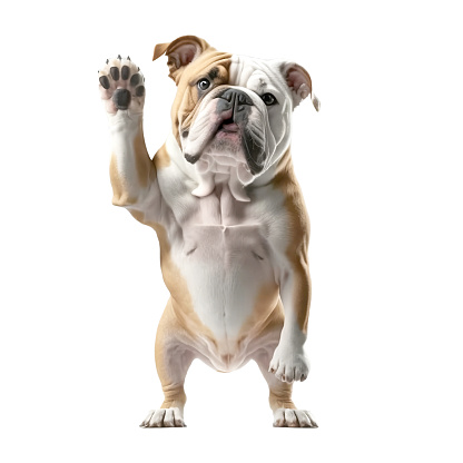bulldog saying hello with his paw - white background