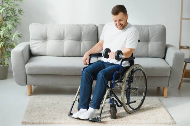 istock Disabled man recovering from injury at home 1452476547