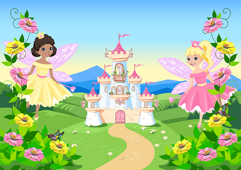 Two cute little fairy on a fairy tale background with a pink castle, a rainbow and a bridge across the river. Fairy princess with a magic wand. Wonderland. Dreamland. Vector illustration.