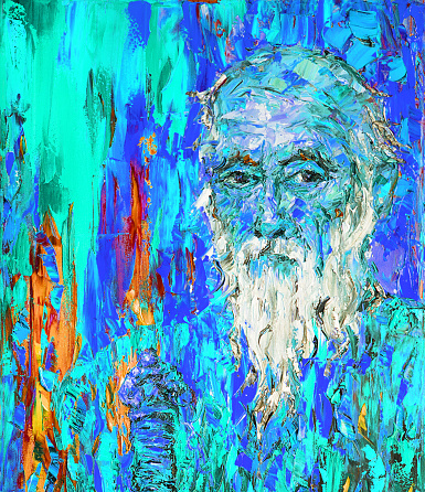 Artistic winter illustration art oil painting impressionism portrait of a strict elderly man with a beard on a blue background