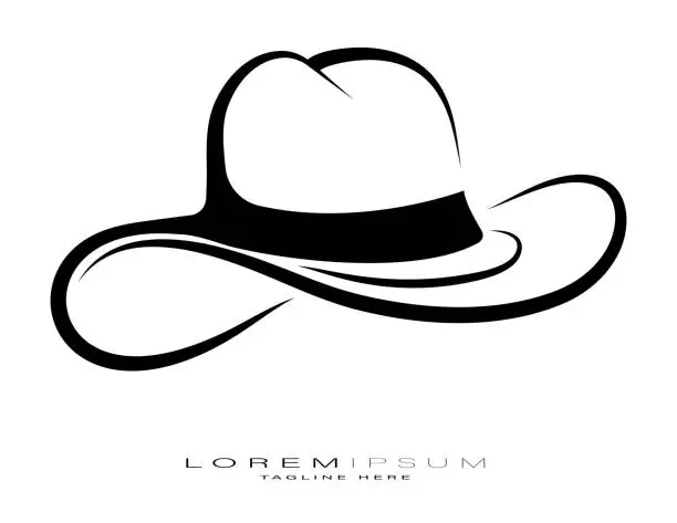 Vector illustration of Emblem of wide brimmed cowboy hat. Sketch of sheriff headdress or bandit of Wild West, symbol with black lines for brand name. Minimalistic vector isolated on white background