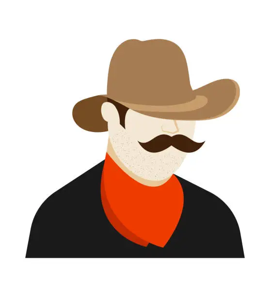 Vector illustration of Portrait of cowboy man with thick mustache and wide brimmed hat. Shooter, bandit, sheriff of wild west. Cartoon vector isolated on white background