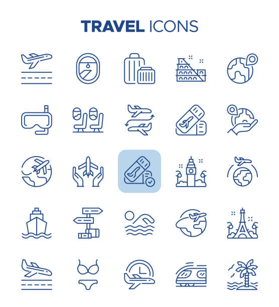 illustrazioni stock, clip art, cartoni animati e icone di tendenza di icone di viaggio - vacanze, turismo, avventura e altri simboli - travel tourism symbol ship