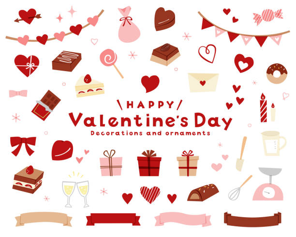 set von handgezeichneten illustrationen / symbolen zum valentinstag. - white background valentines day box heart shape stock-grafiken, -clipart, -cartoons und -symbole