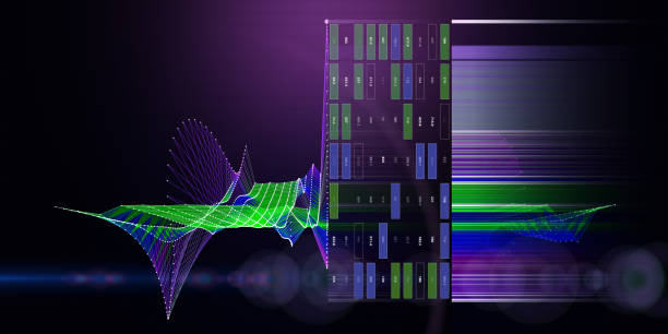 istock Abstract  background polygonal grid with color data tab on dark. Presentation concept of color algorithms grid. Big Data. Banner for business, science and technology. 1452479773