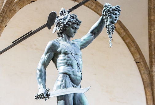 Perseus with the Head of Medusa by Benvenuto Cellini at Loggia dei Lanzi on Piazza della Signoria in Florence, Italy