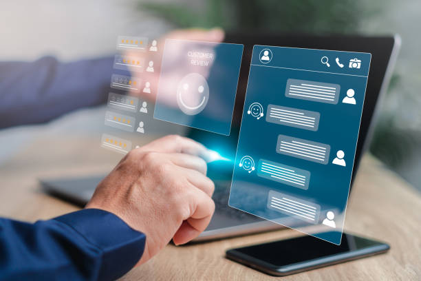 istock Smart Digital Customer Service concept, A man use laptop conversation online chat with a service provider chatbot, comment and give a level of satisfaction, service leading to reputation ranking 1452480553