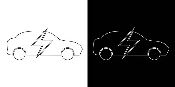 Vector illustration of Electric car in charge. Icon for design. White and black background