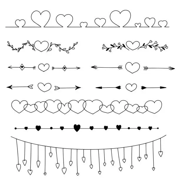 Vector illustration of Hand draw dividers with heart in doodle style. Vector illustration.