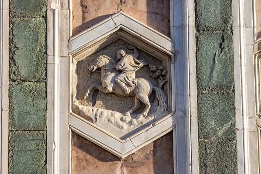 Completed by Andrea Pisano between 1334-36, this Old Testament relief on the exterior of Giotto's Bell Tower in Piazza del Duomo depicts the art of hunting and/or horseback riding.